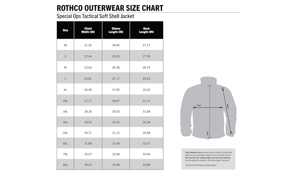 Tactical Soft Shell Jacket Size Chart