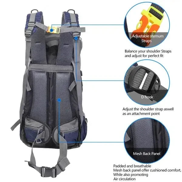 60L Waterproof Backpack Camping Bag with Rain Cover Blue