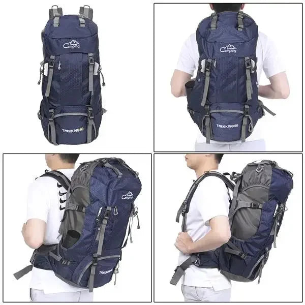 60L Waterproof Backpack Camping Bag with Rain Cover Blue